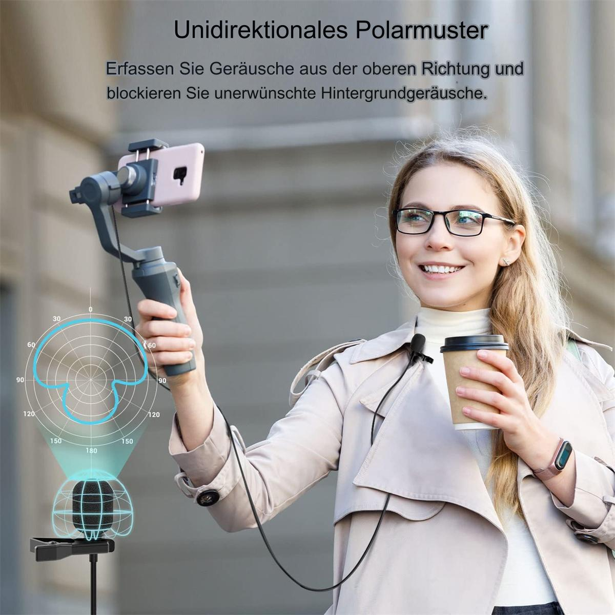 Frau mit Mikrofon und Telefon in einem Gimbal. Diagramm eines Mikrofons links.