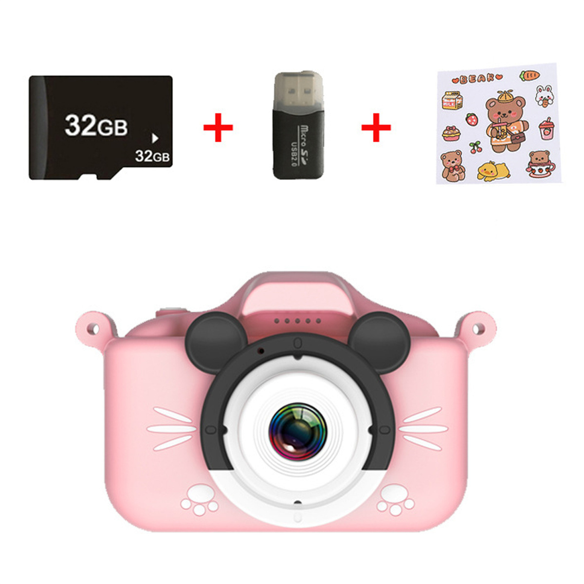 Rosa Spielzeugkamera mit Zubehör: SD-Karte, USB-Adapter und Aufkleber. Die Kamera hat ein katzenartiges Design.