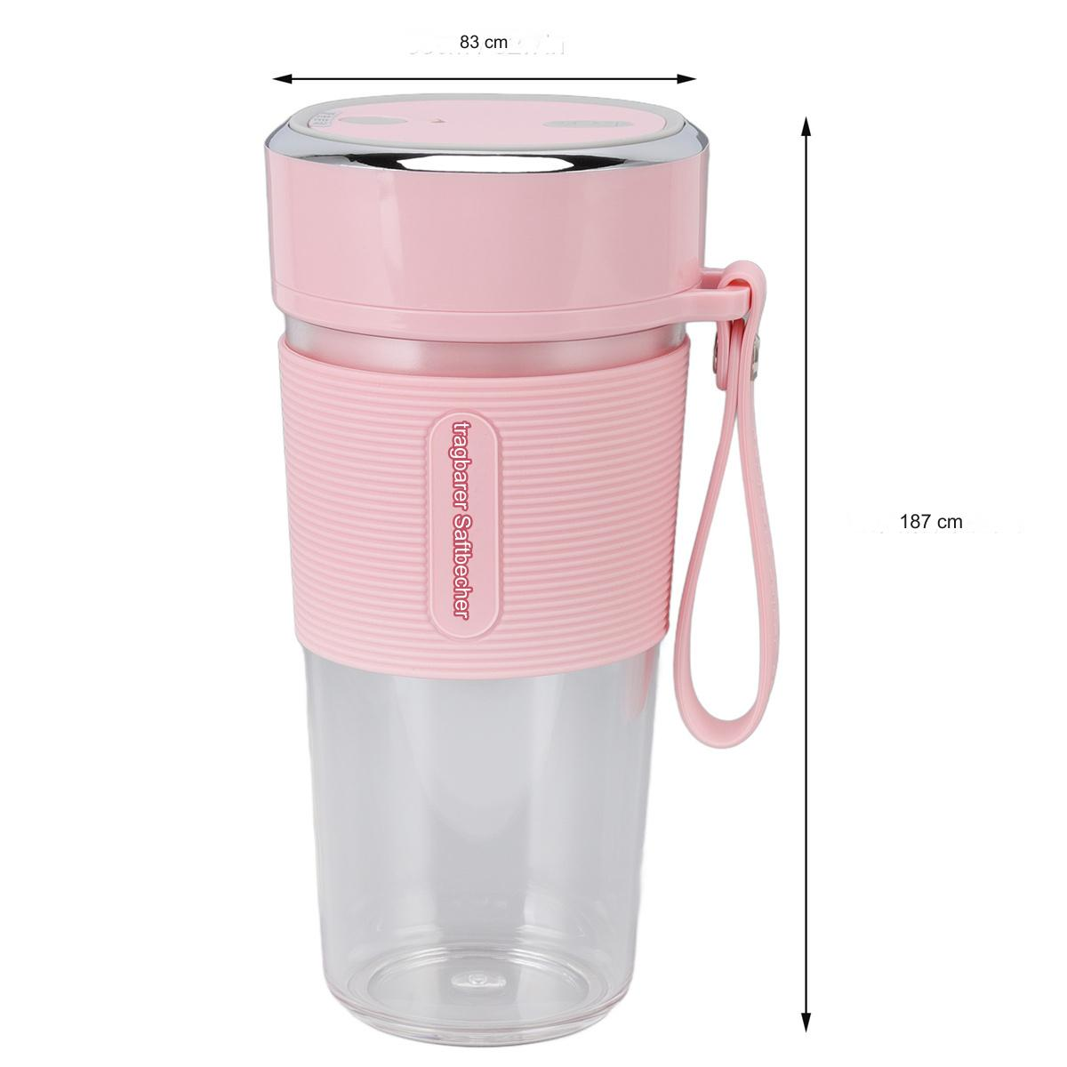 Ein pinkfarbener tragbarer Mixer mit Abmessungen, einem Griff und einem durchsichtigen Becher.