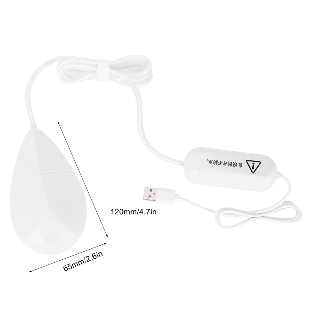 Weißes tropfenförmiges Gerät mit USB-Kabel. Maße sind 120mm und 65mm.