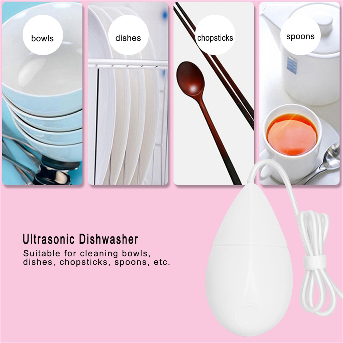Ein weißer Ultraschall-Geschirrspüler mit Schüsseln, Geschirr, Essstäbchen und Löffeln.