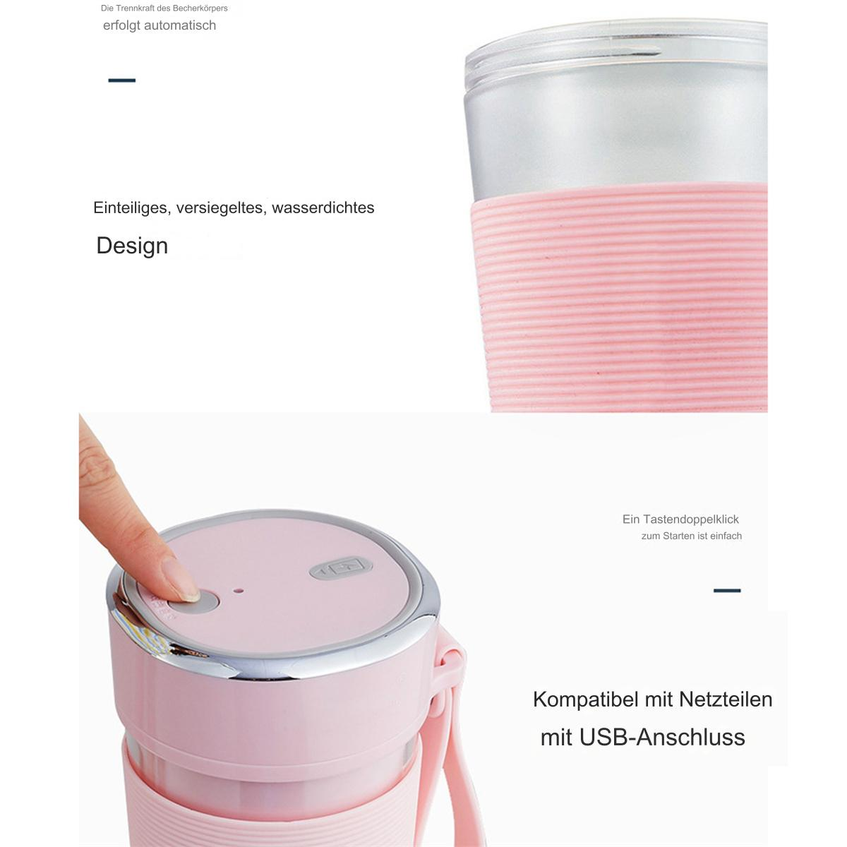 Ein pinkfarbener tragbarer Mixer. Ein Finger drückt den Einschaltknopf. Der Text auf der Seite lautet 'Design'.