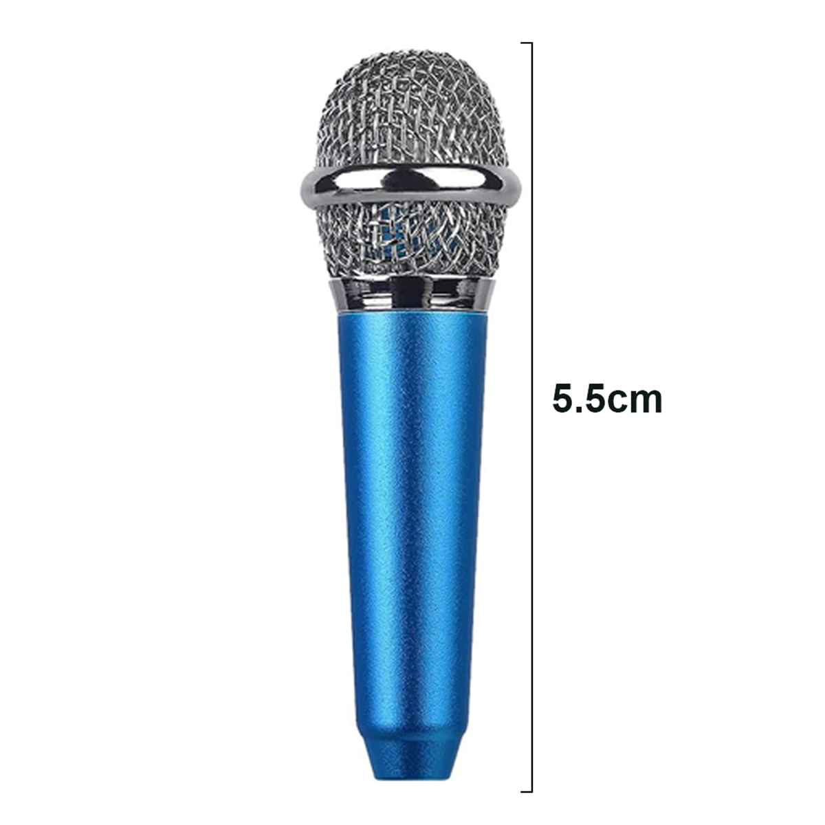 Ein blaues Mikrofon mit silbernem Mesh-Top, 5,5 cm hoch, vor weißem Hintergrund.