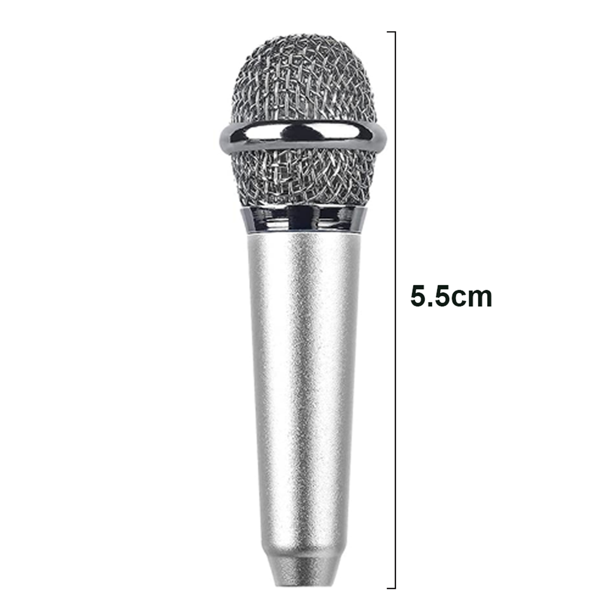 Ein kleines silbernes Mikrofon. Die Länge beträgt 5,5 cm. Es hat einen Mesh-Kopf und einen silbernen Körper.
