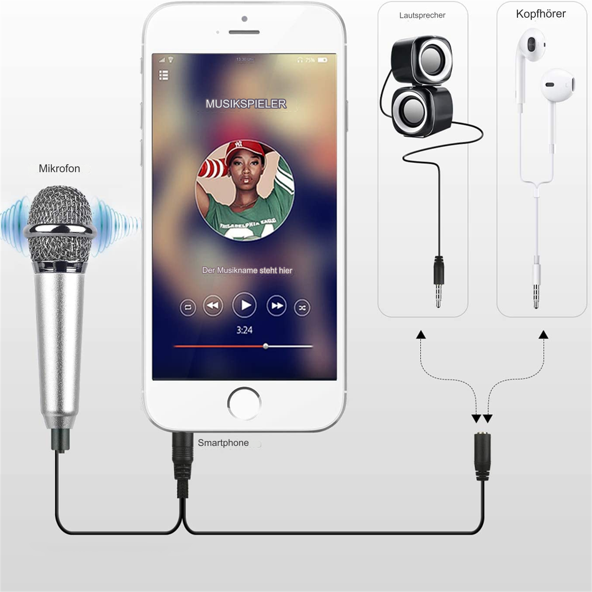 Smartphone, das eine Musik-Player-Oberfläche mit Mikrofon und Kopfhörern zeigt.