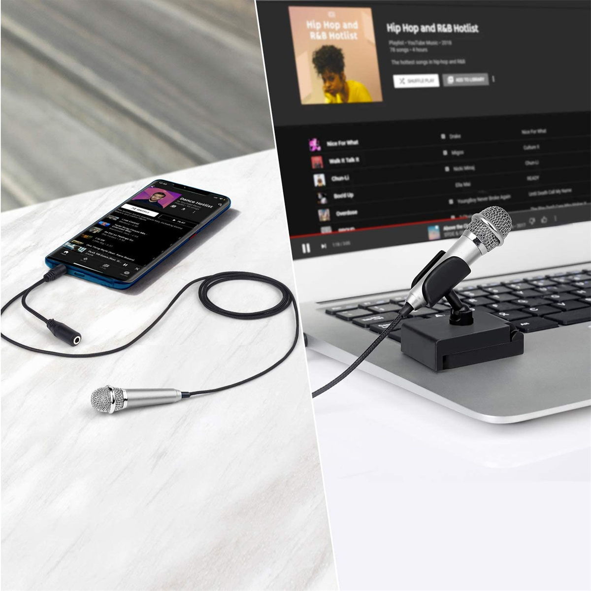 Zwei Bilder: ein Telefon mit angeschlossenem Mikrofon und ein Laptop mit Mikrofon. Beide dienen zur Aufnahme von Audio.