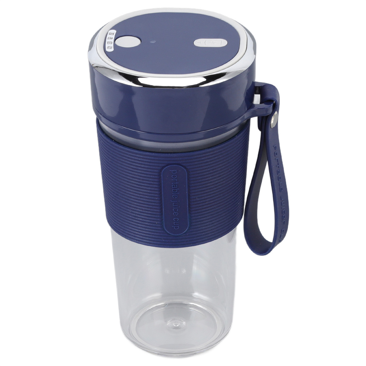 Tragbarer Saftbecher in Marineblau und Silber. Er hat eine transparente Kunststoffbasis und einen Griff.