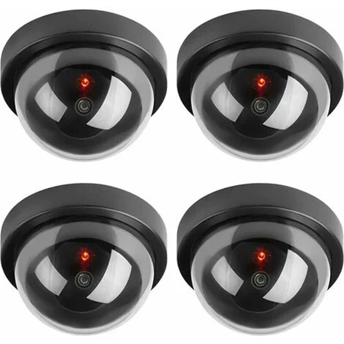 Vier schwarze Überwachungskameras mit roten Lichtern. Die Kameras haben eine Kuppelform.