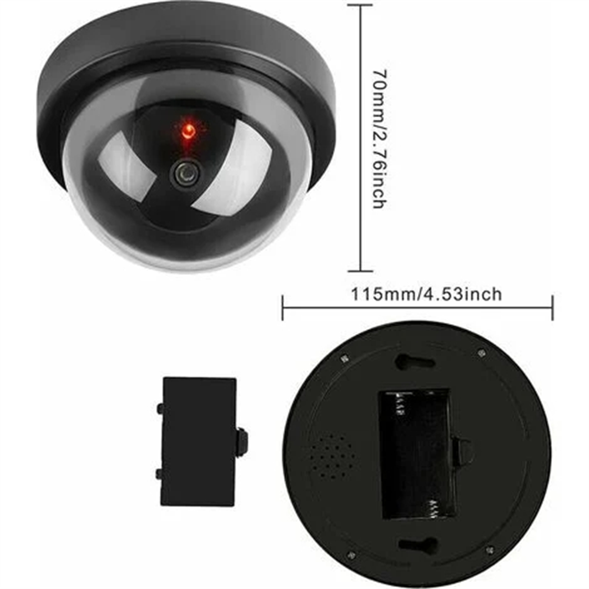 Schwarze Dome-Überwachungskamera. Rote LED-Leuchte sichtbar. Abmessungen sind in Zoll und Millimetern angegeben.