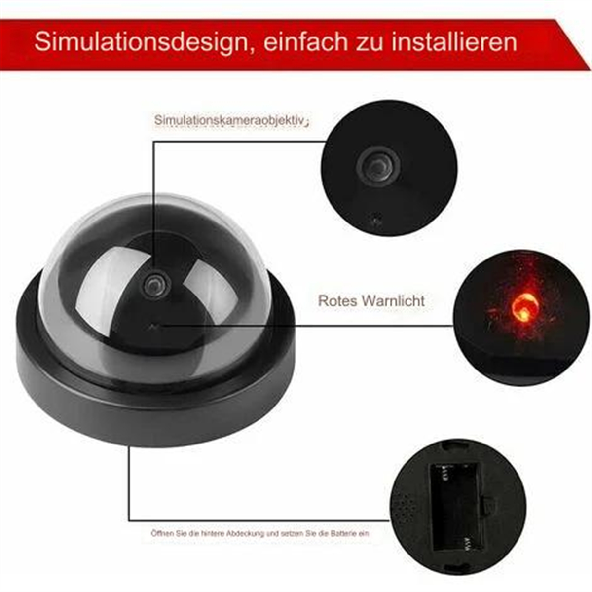 Eine schwarze Kamera mit rotem Licht und ein Diagramm, das Teile und Batteriefach zeigt.