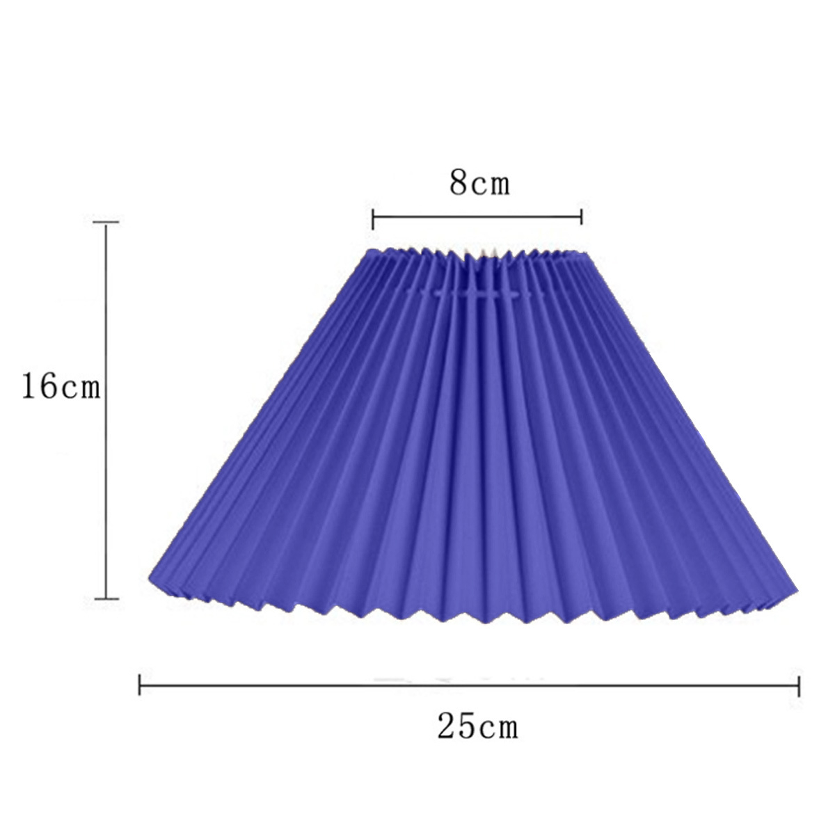 Ein blauer Lampenschirm mit Falten und Abmessungen, 16cm hoch, 25cm breit und 8cm oberer Durchmesser.