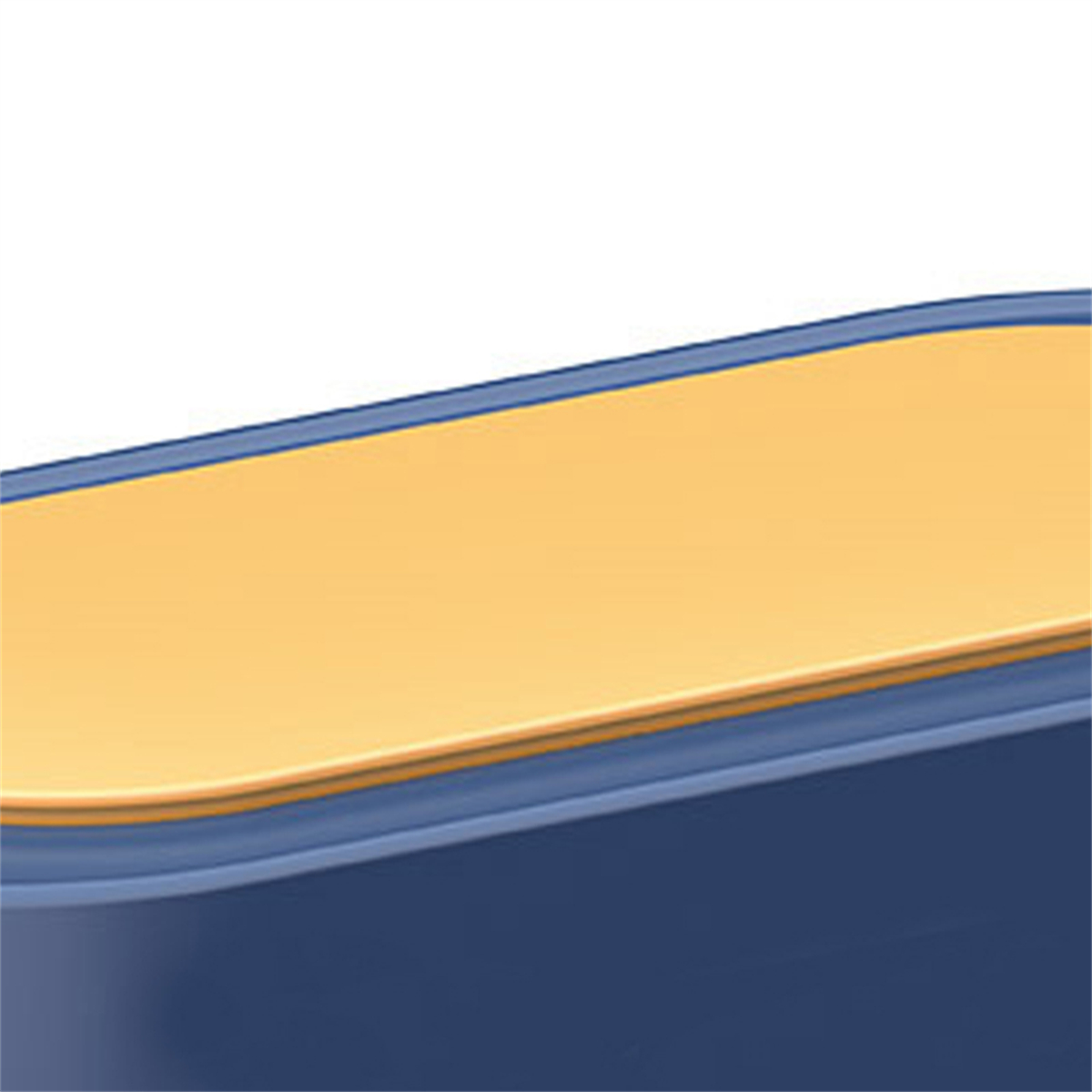 Nahaufnahme einer blauen Schublade mit gelber Oberfläche und blauem Rand.