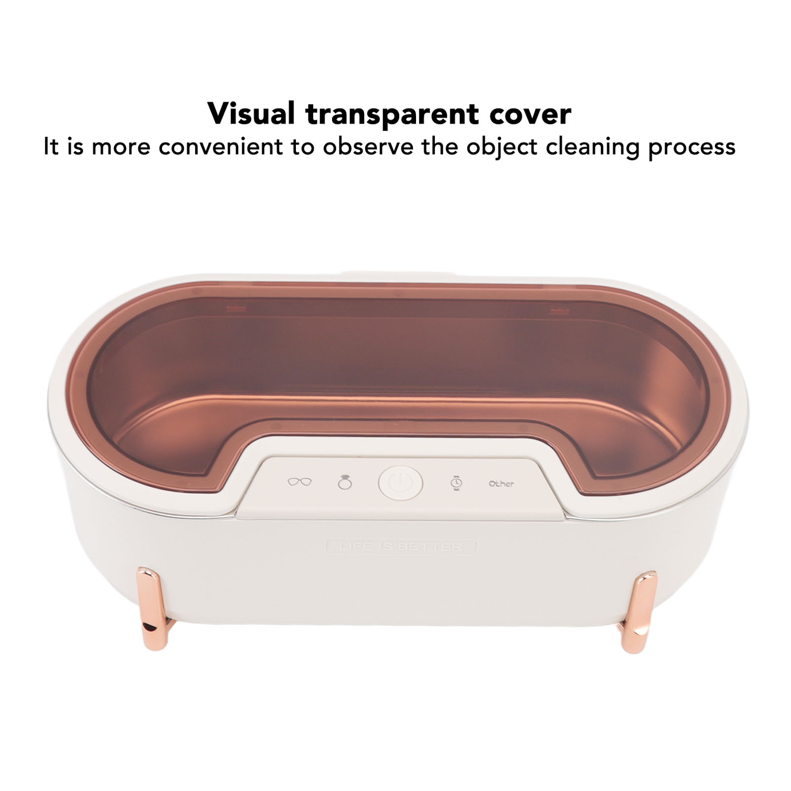 Weiß-roségoldener Ultraschallreiniger mit transparentem Deckel, für Brillen.