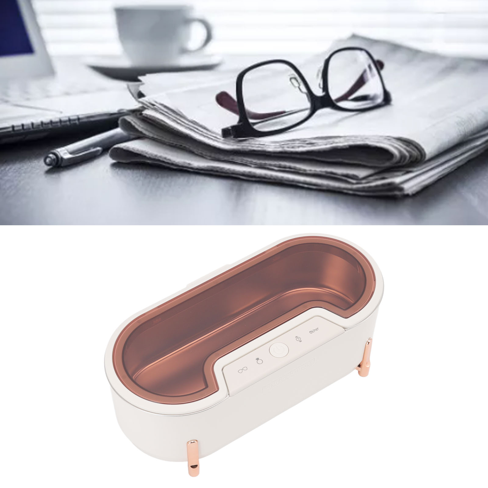 Zeitung, Brille, Stift und ein weißes und roséfarbenes Reinigungsgerät.