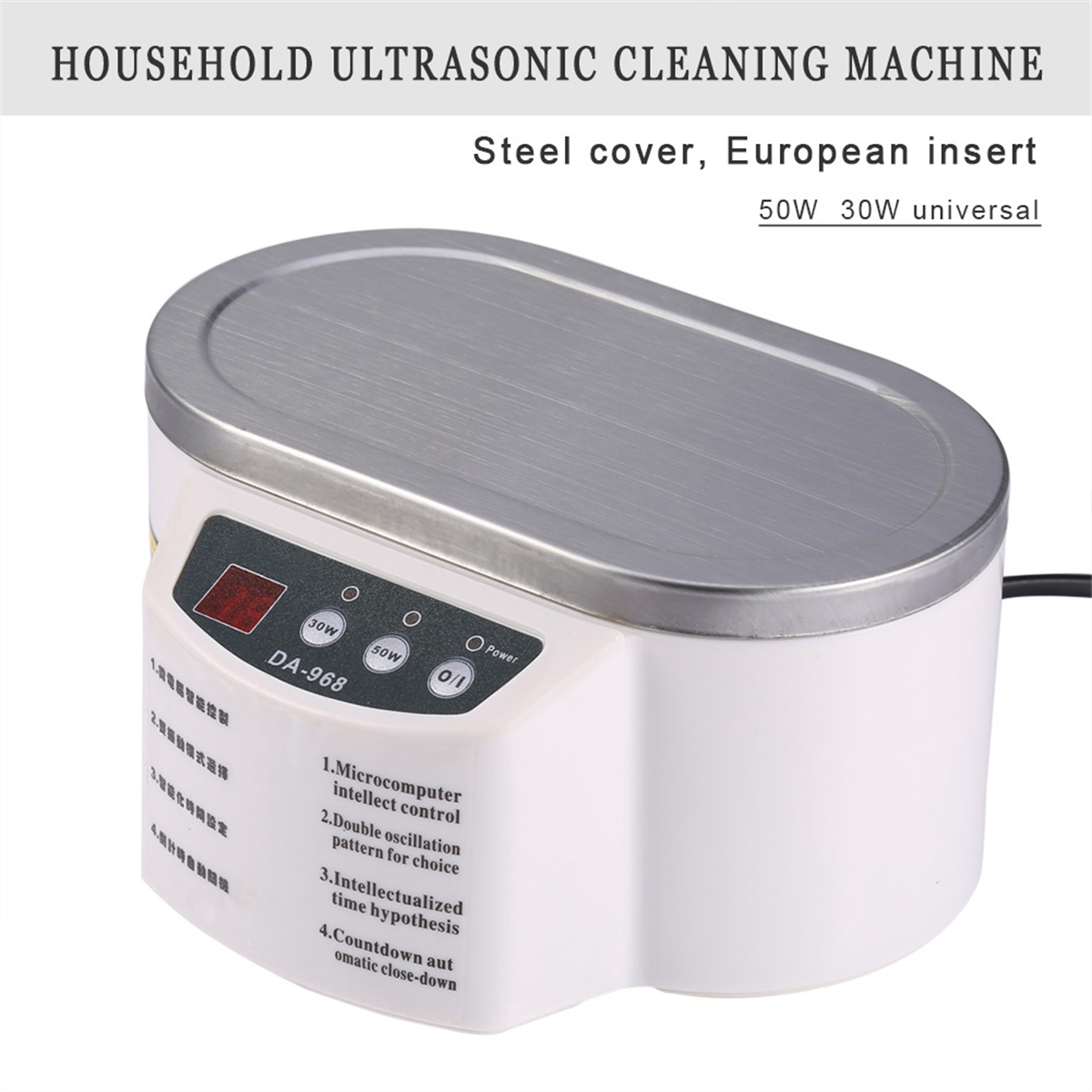 Eine weiße und silberne Ultraschallreinigungsmaschine mit digitaler Anzeige und Bedienfeld.