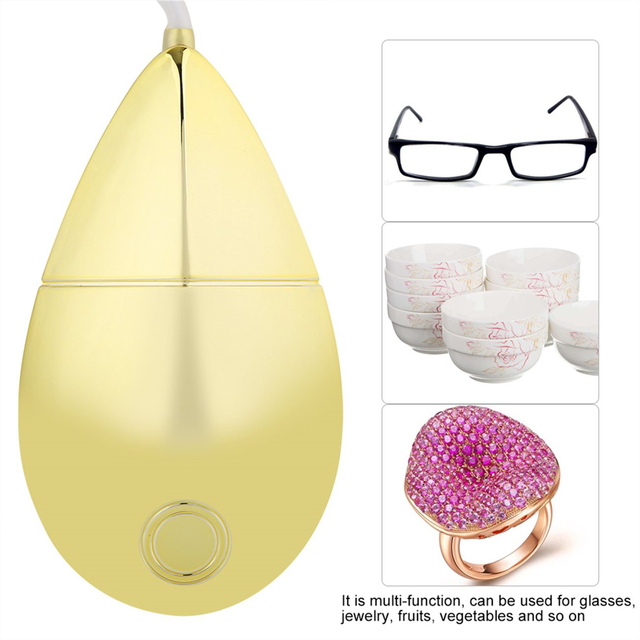 Goldenes, tropfenförmiges Gerät mit Knopf. Daneben werden Brillen, Schalen und ein Ring gezeigt.