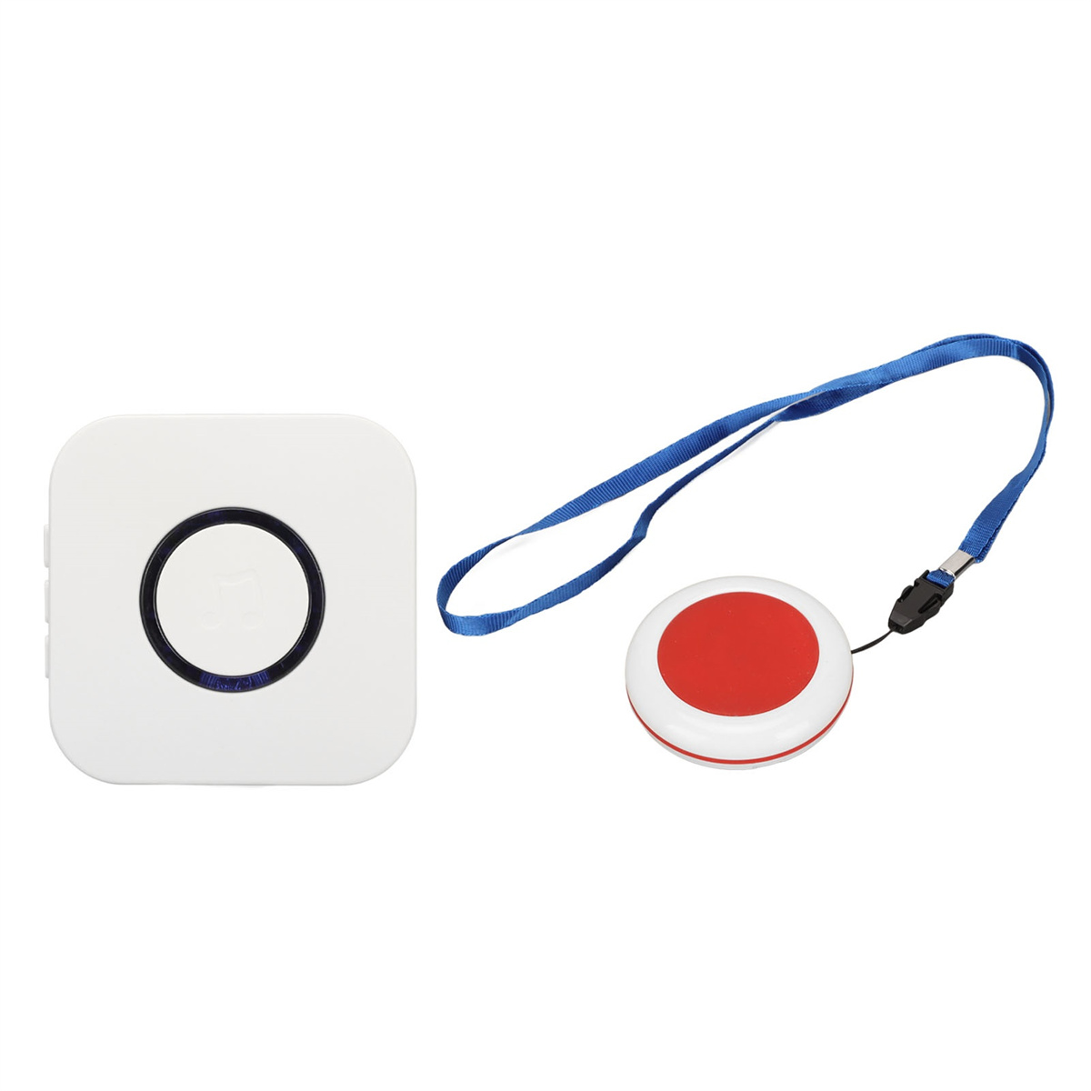 Weißes Alarmsystem mit rotem Knopf und blauem Schlüsselband.