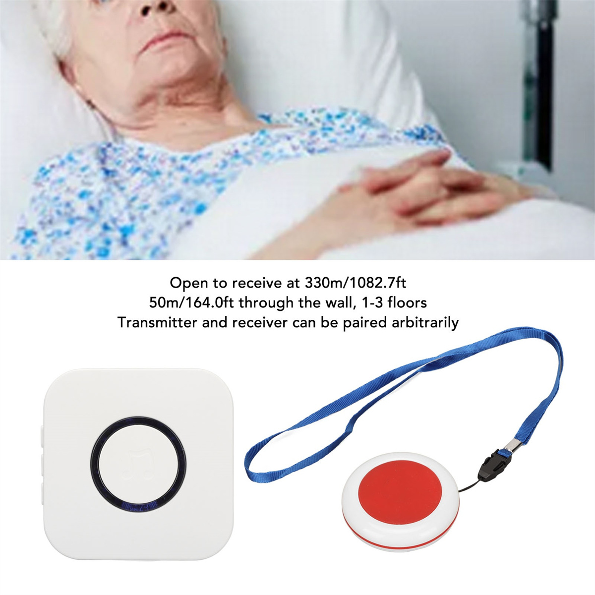 Ältere Person im Bett und ein weißer Notfallknopf mit roter Taste.