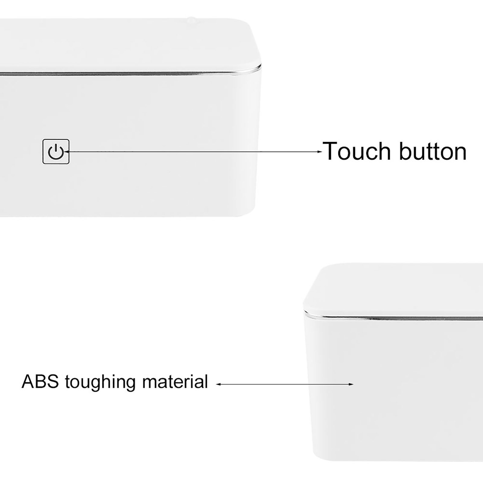 Zwei weiße Boxen, eine mit Touch-Taste und die andere mit Text: ABS-Härtungsmaterial.