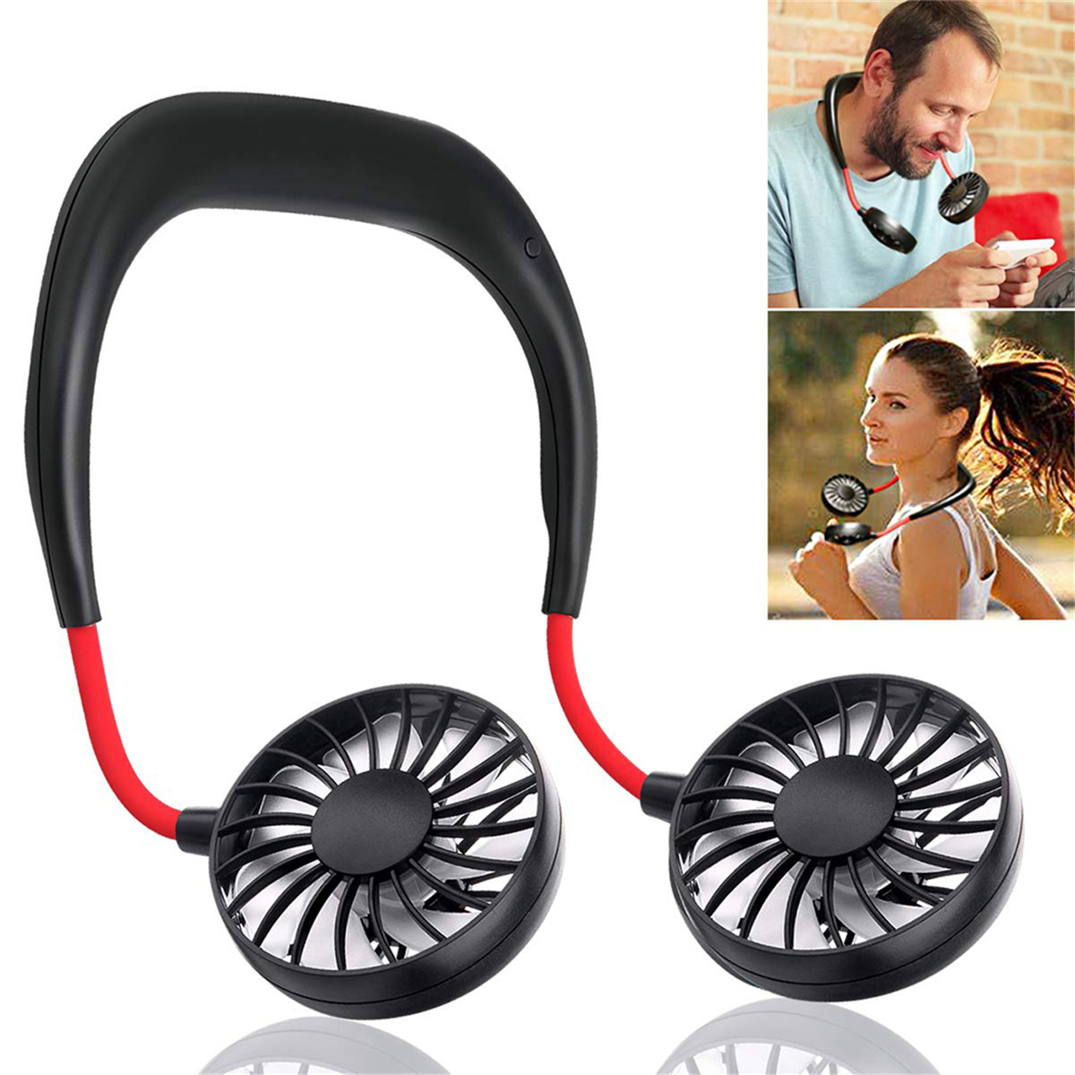 Ein schwarzer Nackenventilator mit roten Akzenten. Personen, die den Ventilator tragen, sind sichtbar.