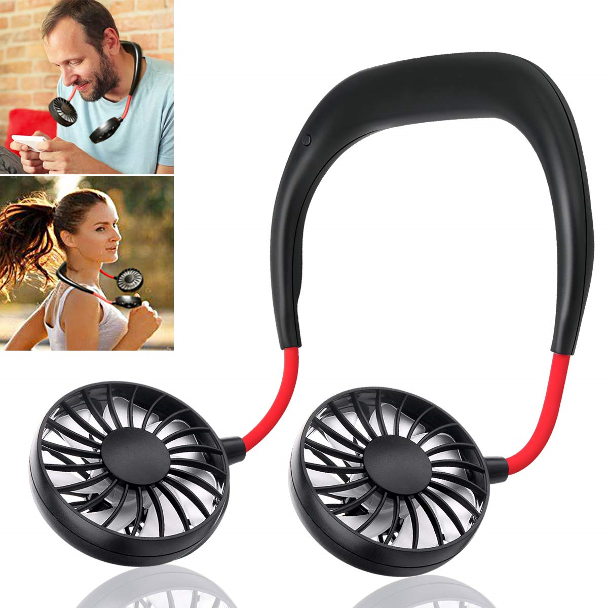 Zwei Personen tragen schwarze Nackenfans, eine mit einem Telefon und die andere joggt.