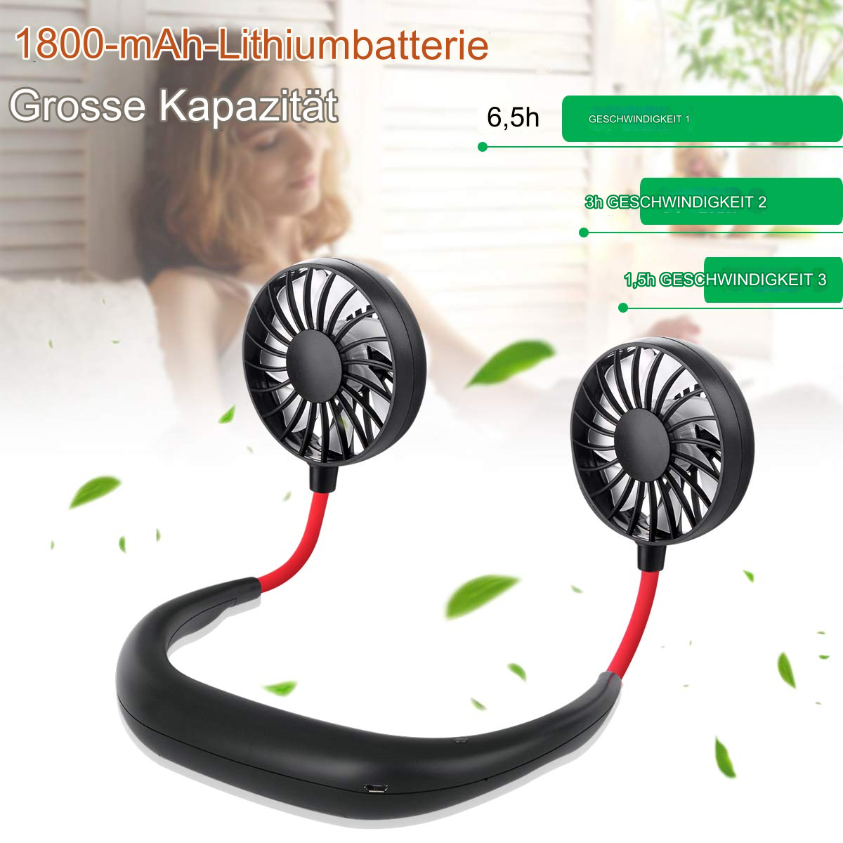 Nackenventilator mit zwei Lüftern und einem schwarzen Nackenband. Der Ventilator hat ein rotes Kabel, und eine Frau ist im Hintergrund.