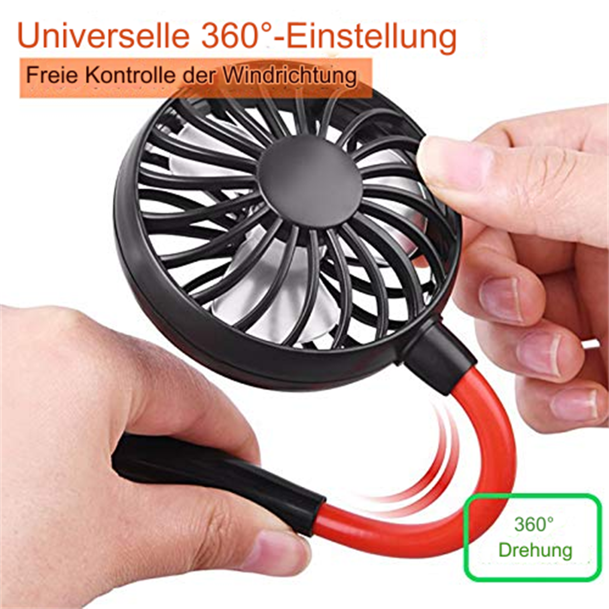 Tragbarer Nackenventilator, rot und schwarz. Hände halten Ventilator. Text: 360° Drehung.