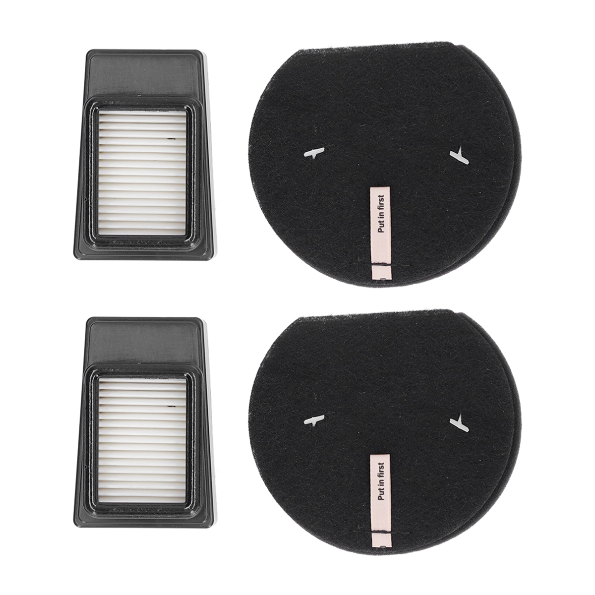 Zwei Luftfilter-Sets. Jedes Set enthält einen rechteckigen und einen runden Filter.