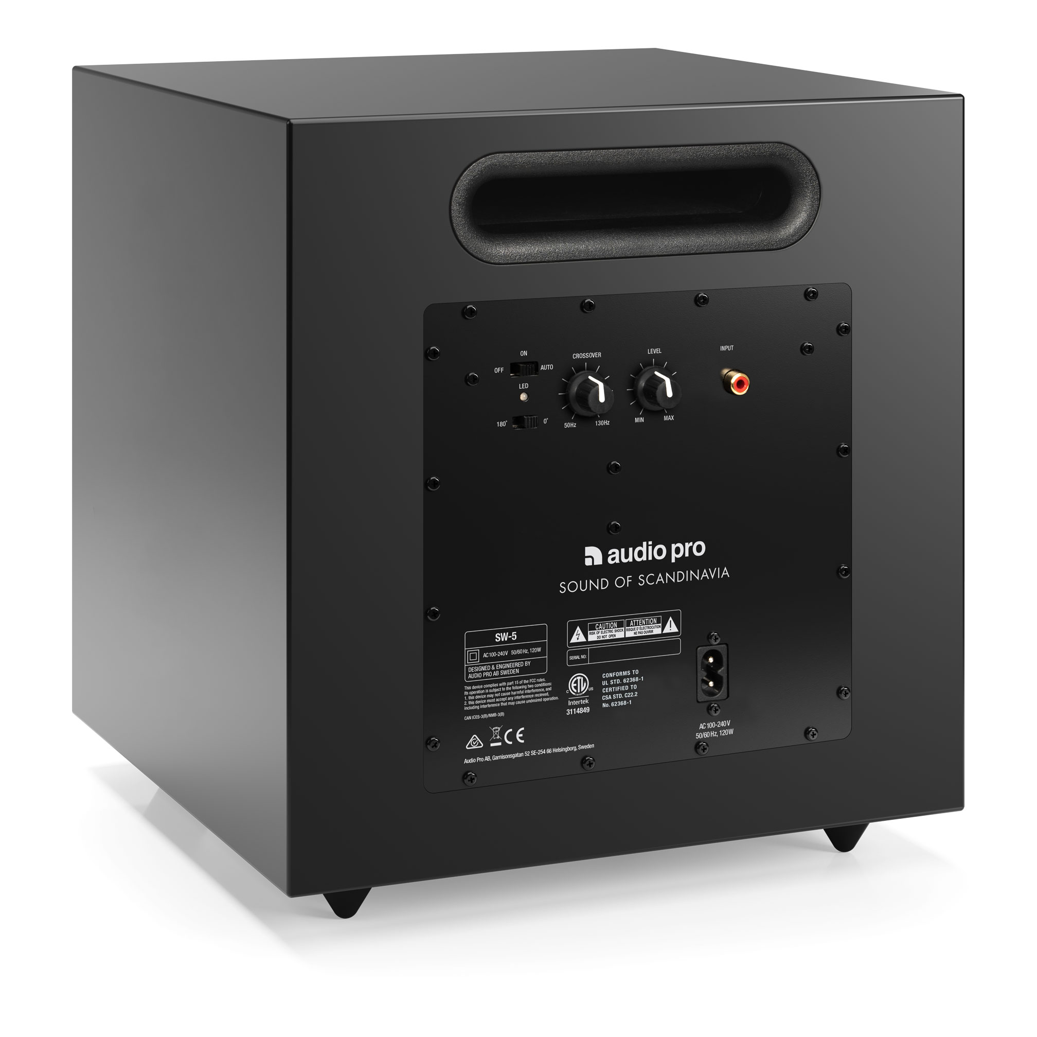 Black subwoofer with controls and labels on the back, white background.