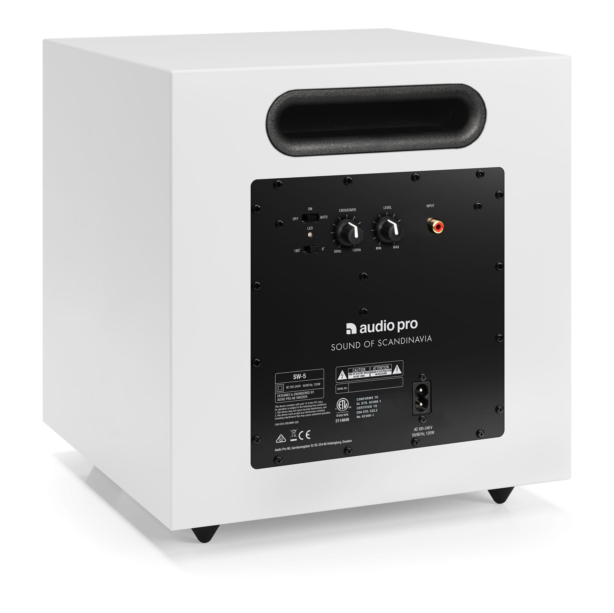 A white subwoofer with a black back panel. The panel has controls and the Audio Pro logo.