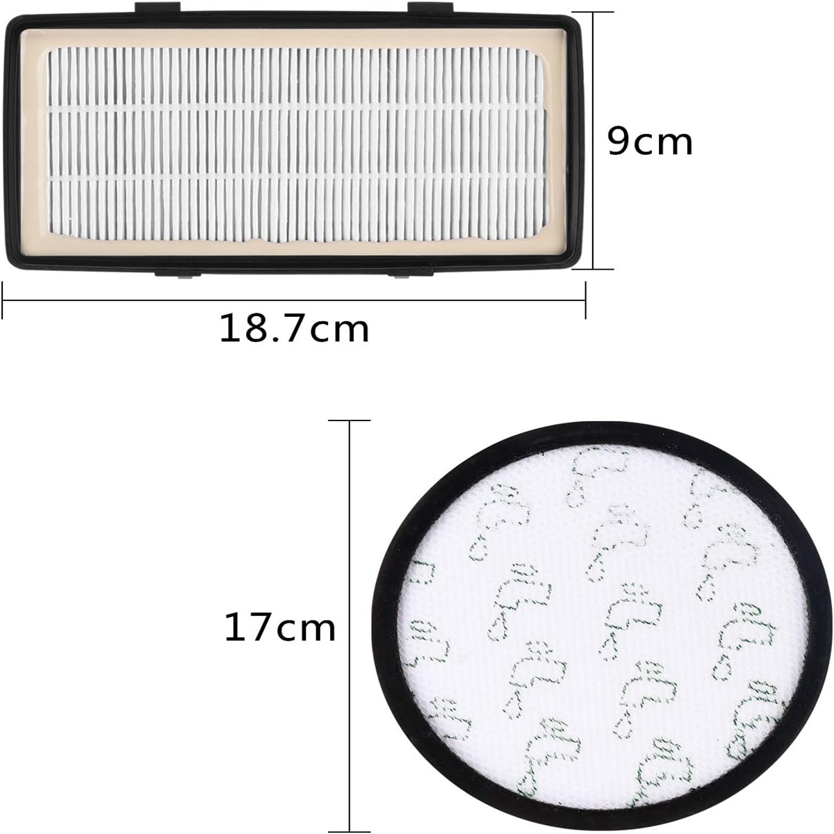 Zwei Filter, rechteckig und kreisförmig, mit angegebenen Abmessungen. Weißes Filtermaterial in schwarzen Rahmen.