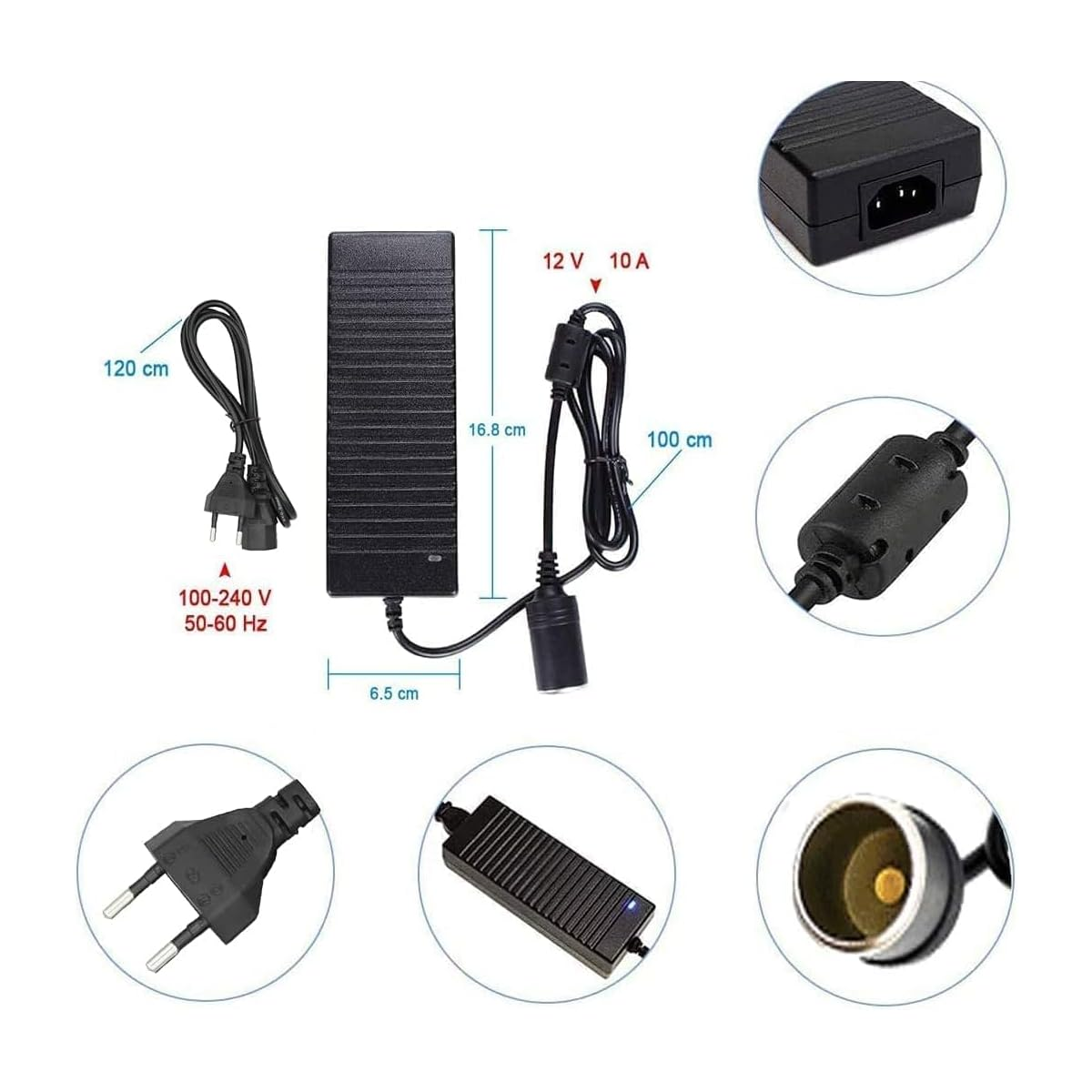 Elektrische Adapterkomponenten: Stecker, Netzteil und verschiedene Steckertypen, alle schwarz.