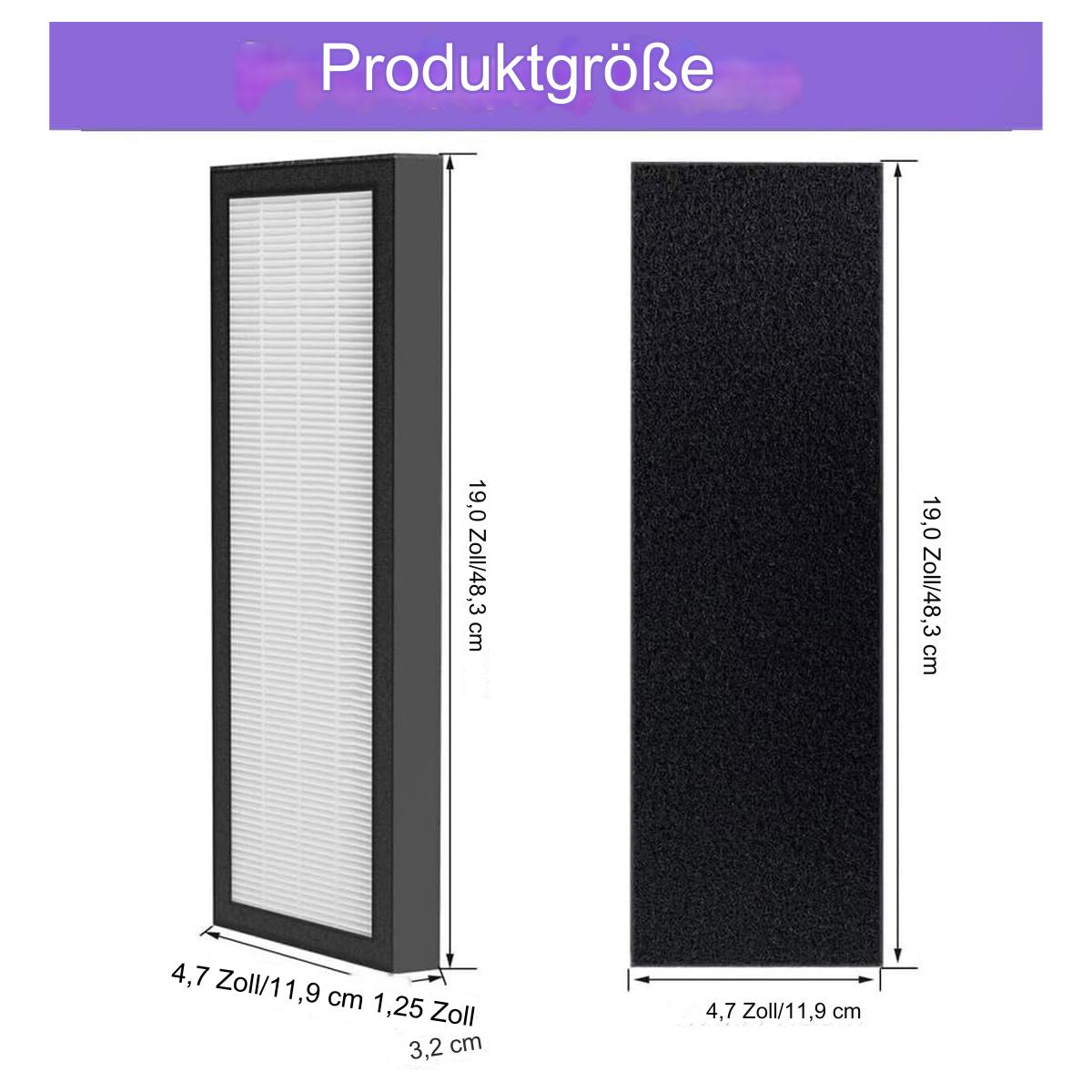 Zwei Luftfilter-Ersatzteile mit beschrifteten Abmessungen. Schwarze und weiße Filterkomponenten gezeigt.