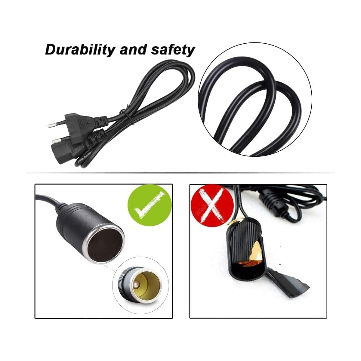 Schwarze Netzkabel und Stecker, Nahaufnahme zeigt schlechte und gute Verbindung.