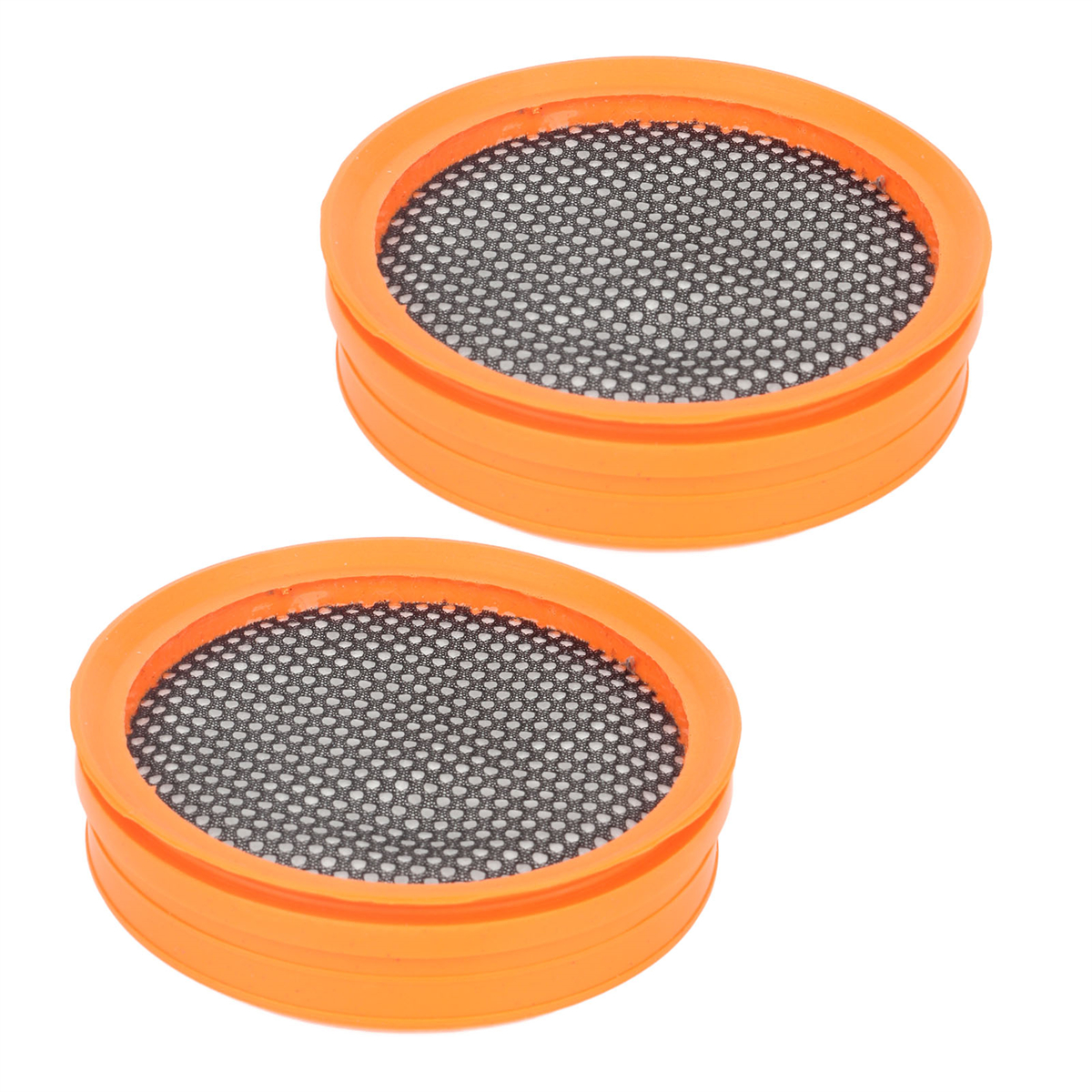Zwei orange Filter mit einem schwarzen Netz in der Mitte. Beide haben eine runde Form.