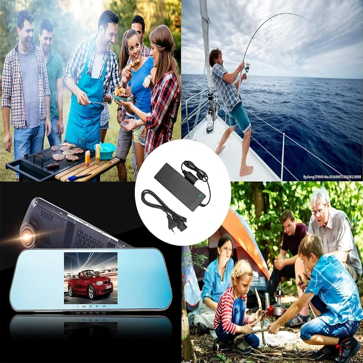 Gruppe von Leuten beim Grillen, ein Mann beim Angeln, ein Auto-Spiegelbildschirm und eine Familie im Wald.