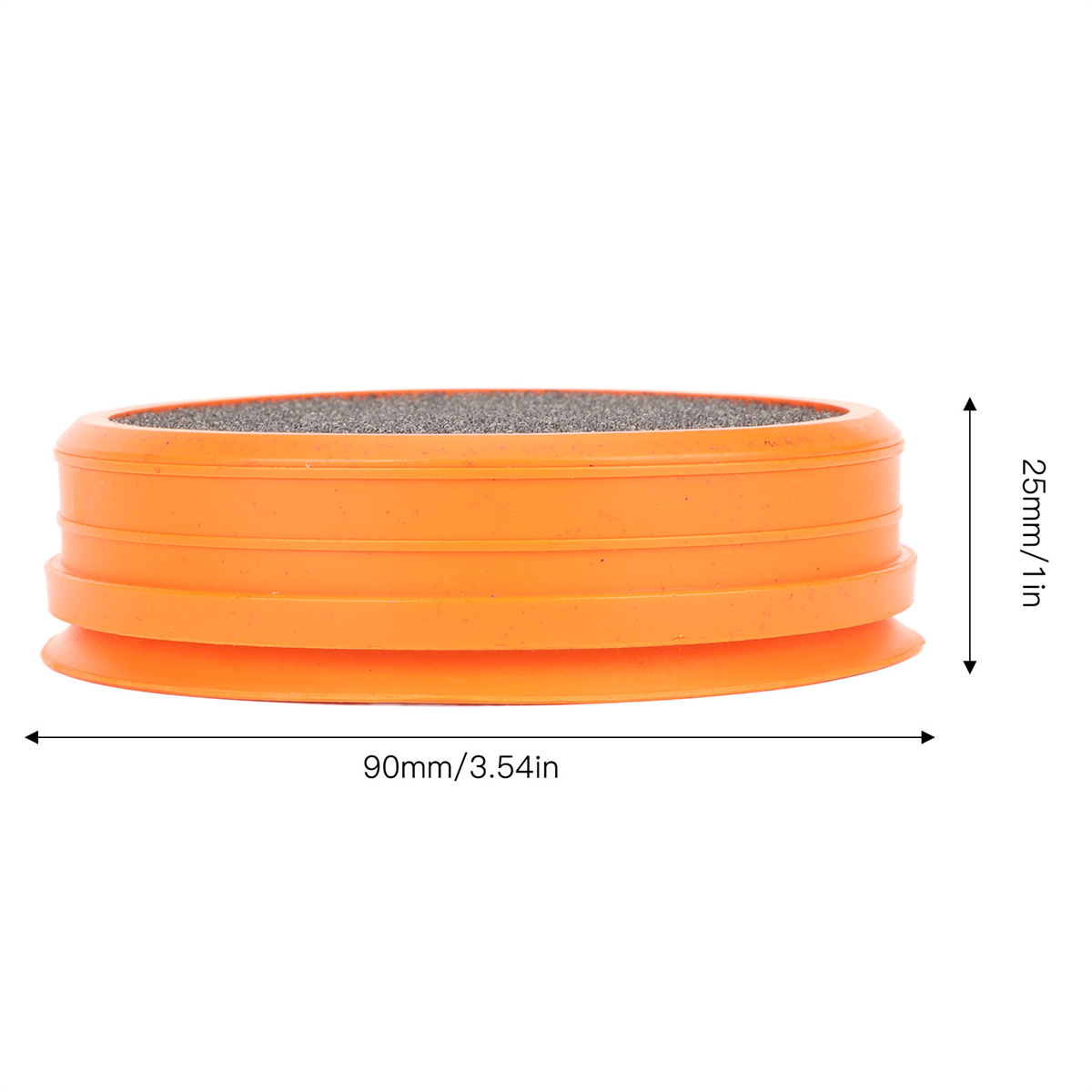 Eine orangefarbene Fußfeile mit angegebenen Abmessungen, 90 mm / 3,54 Zoll und 25 mm / 1 Zoll.