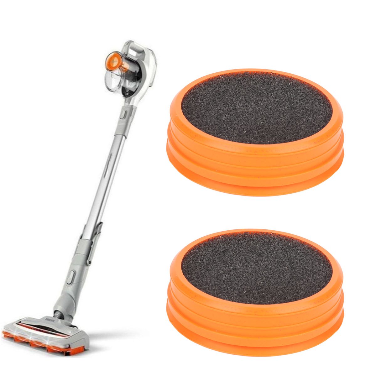 Ein grauer und orangefarbener Staubsauger mit zwei orangenen Scheuerpads auf der rechten Seite.
