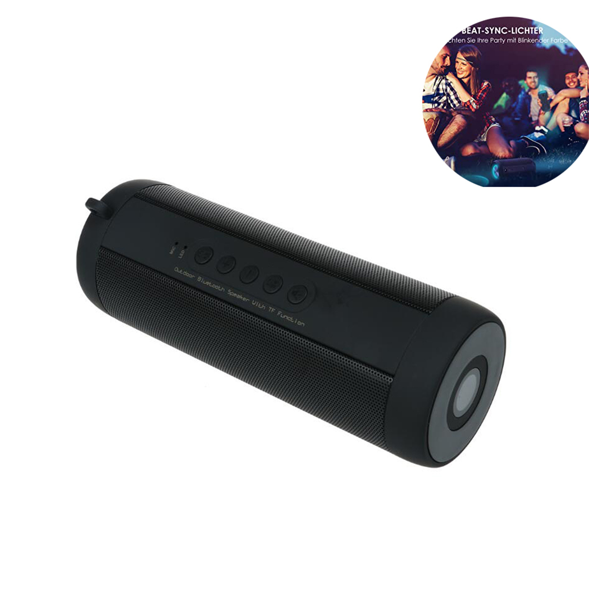 Schwarzer, zylindrischer Bluetooth-Lautsprecher mit Funktionstasten und einem runden Bild.