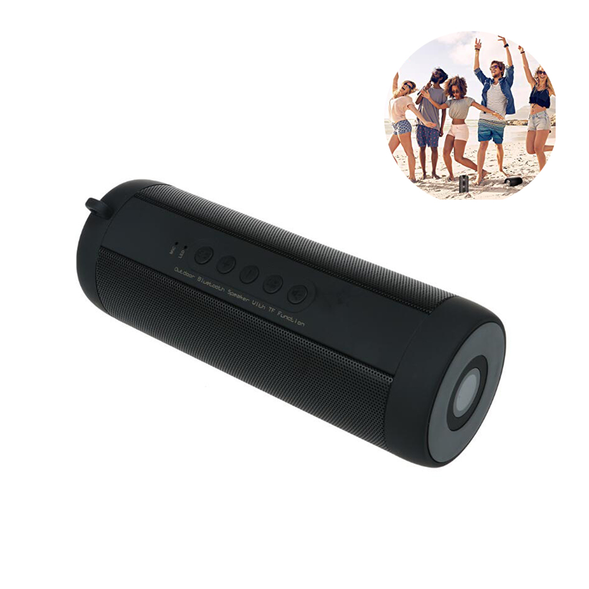 Schwarzer Bluetooth-Lautsprecher mit Steuertasten. Menschen am Strand im Hintergrund.