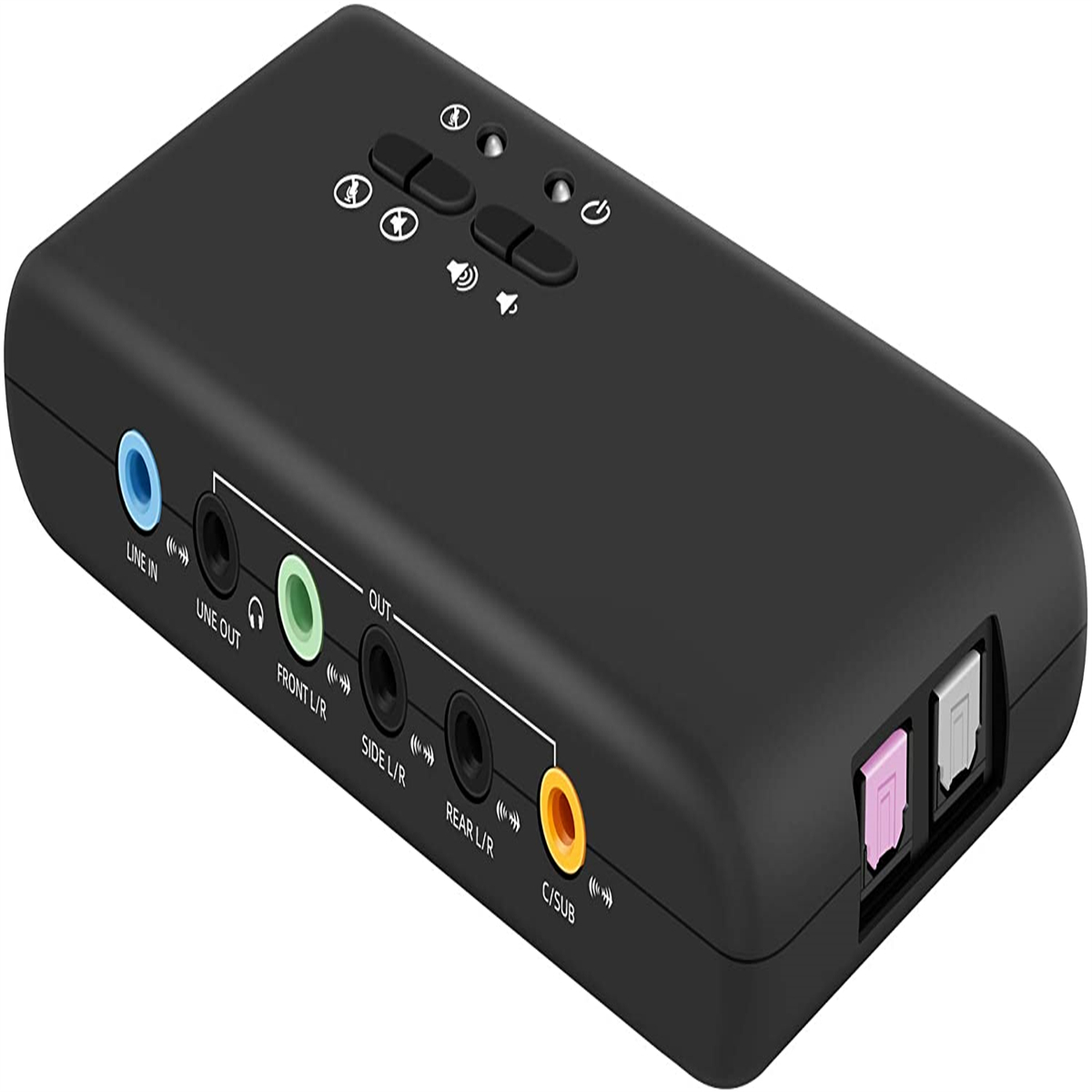 Schwarzes Audio-Interface mit verschiedenen Anschlüssen und Tasten, schräge Ansicht.