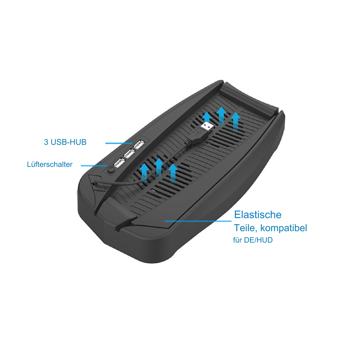 Schwarzer Konsolenkühler mit 3 USB-Anschlüssen und Lüfterschalter. Inklusive USB-Kabel. Beschriftungen auf Deutsch.