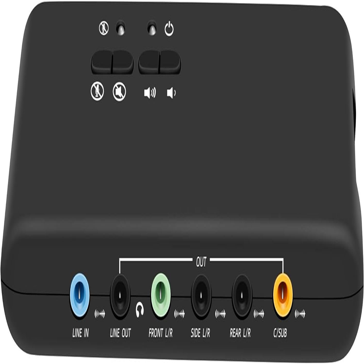 Ein schwarzes Audio-Interface-Gerät mit verschiedenen Ein-/Ausgangsanschlüssen und Bedientasten.