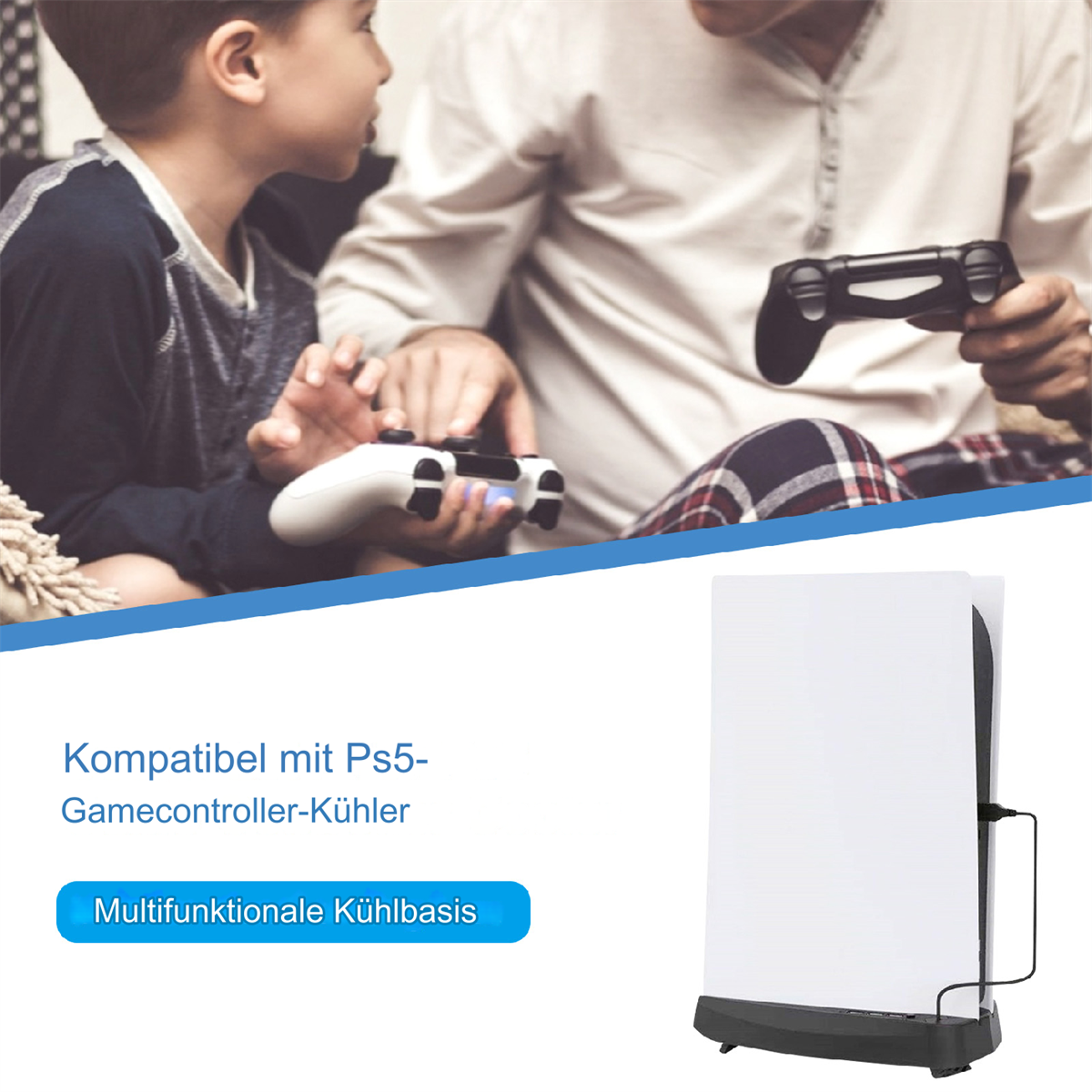 Zwei Personen spielen ein Spiel, eine hält einen Controller, mit Konsole und Kühler.
