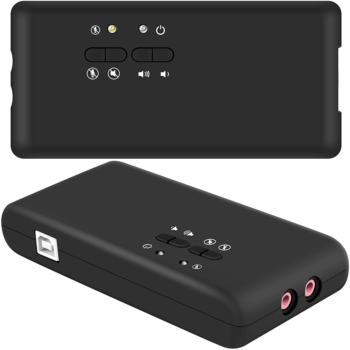 Schwarzes Audio-Interface-Gerät mit Knöpfen und Anschlüssen. Enthält USB-Anschluss und zwei rosa Audiobuchsen.