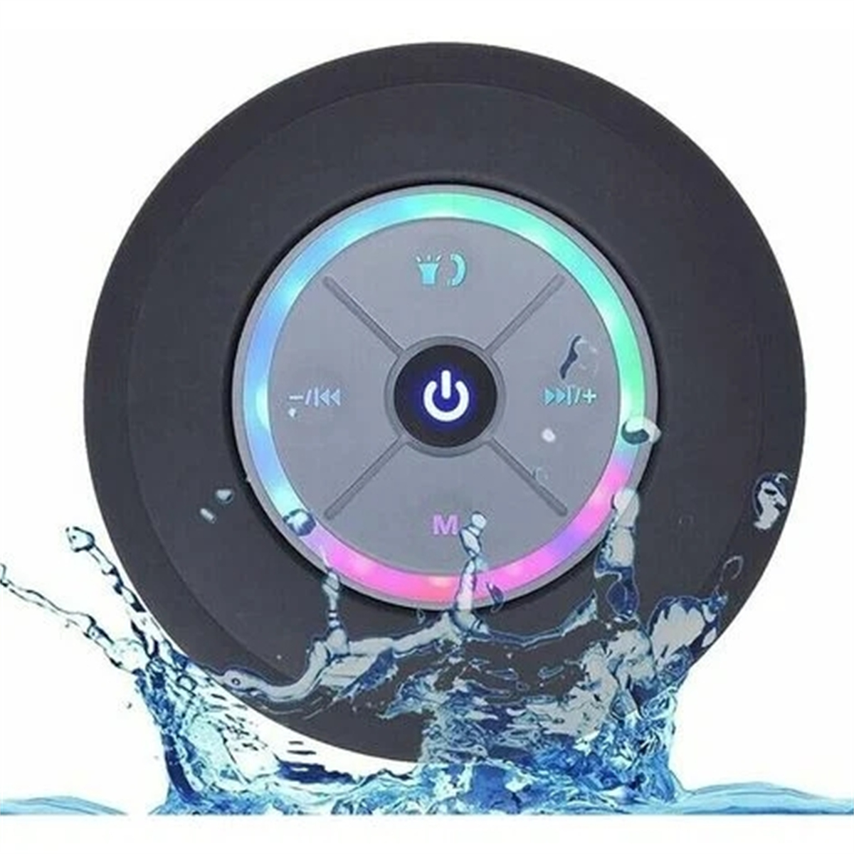 Ein wasserdichter Lautsprecher mit beleuchteten Knöpfen, umgeben von Wasserspritzern, vor dunklem Hintergrund.