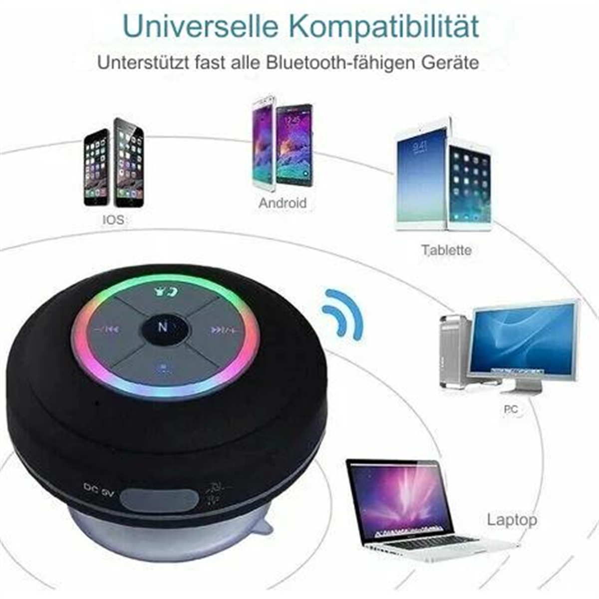 Ein schwarzer, wasserdichter Lautsprecher mit Knöpfen, dargestellt mit elektronischen Geräten und Text.