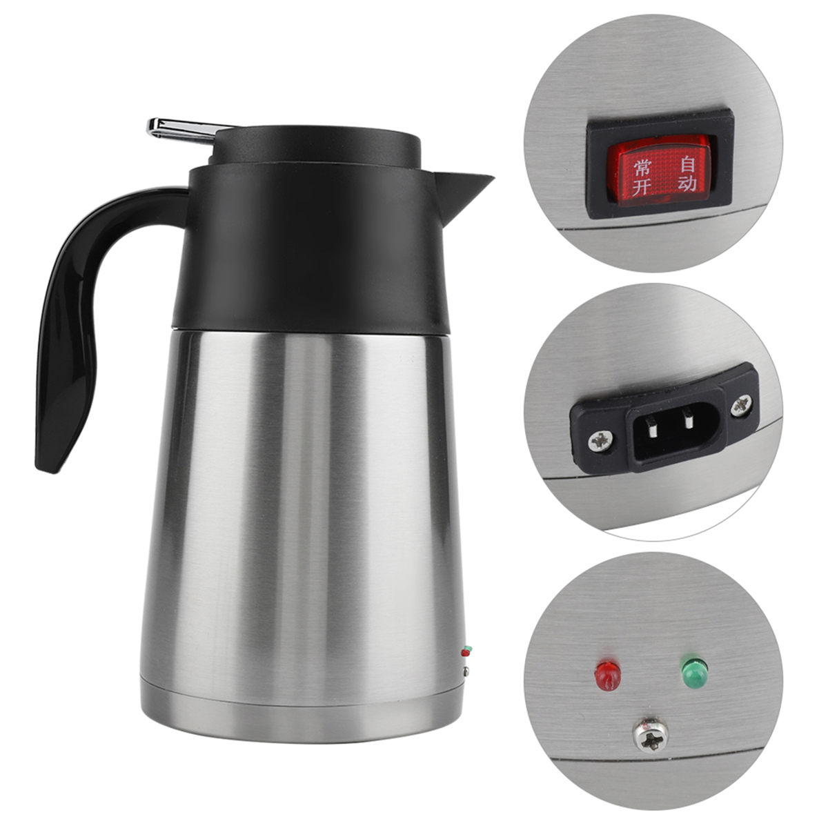 Elektrischer Wasserkocher aus Edelstahl mit schwarzem Griff und Deckel.