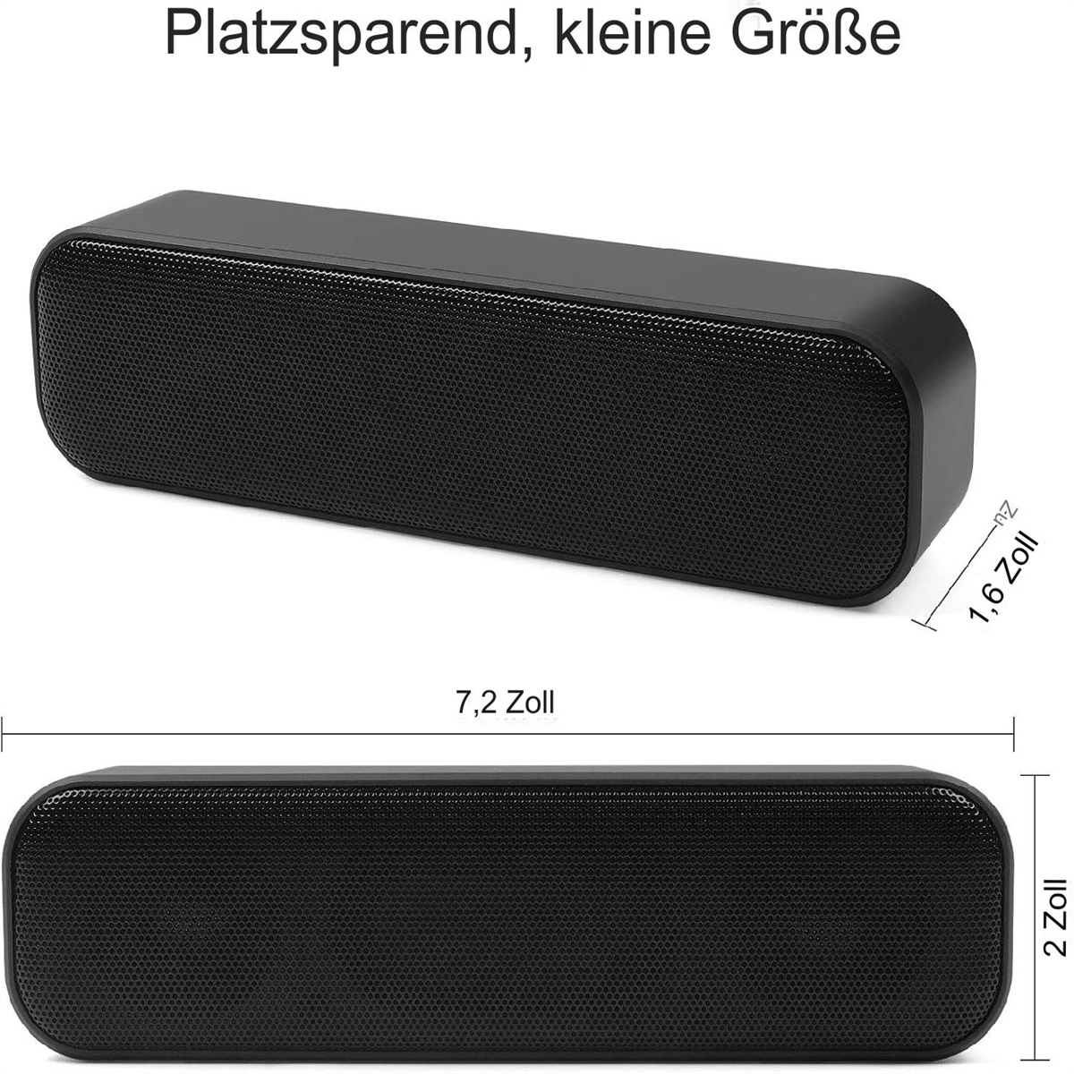 Schwarzer Lautsprecher mit Abmessungen: 7,2 Zoll lang, 2 Zoll hoch und 1,6 Zoll breit. Kleine Größe.