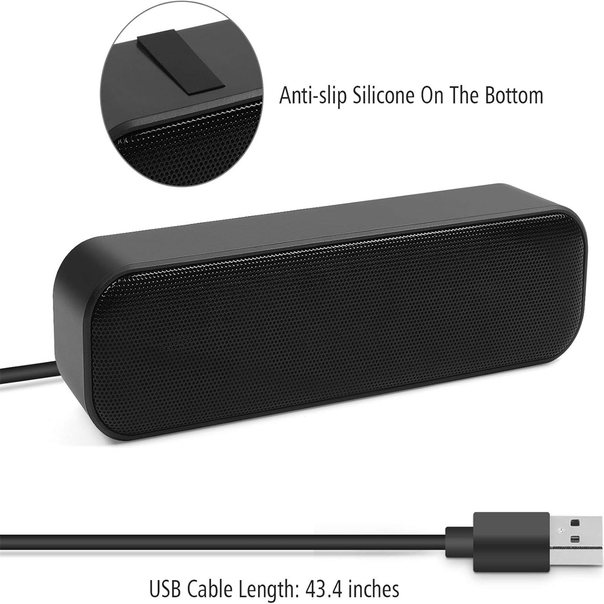 Eine schwarze Soundbar mit USB-Kabel. Die Länge des USB-Kabels ist angegeben.